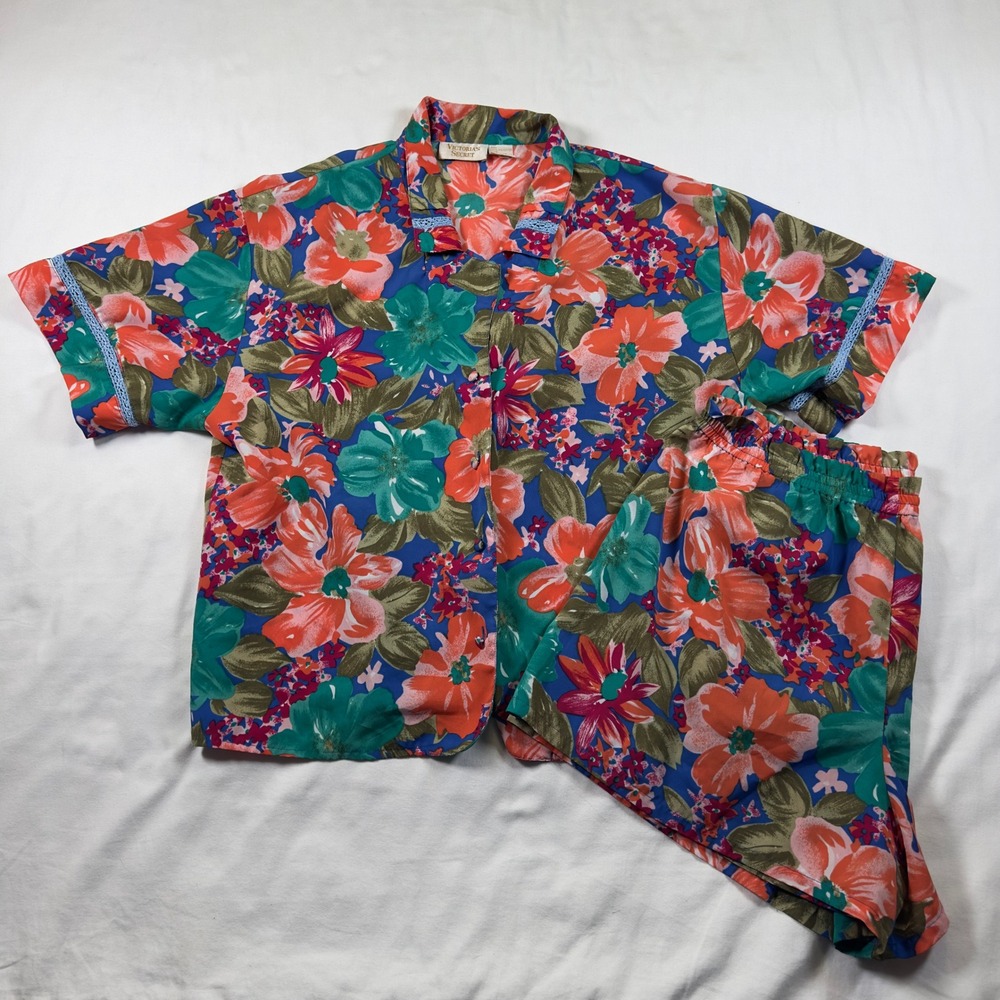 Vintage Victoria's Secret Pajama‎ Set Womens Medium Shirt Shorts Floral Satin